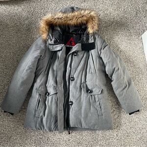 Gerry Gray Hooded Puffer Parka with Faux Fur Trim
